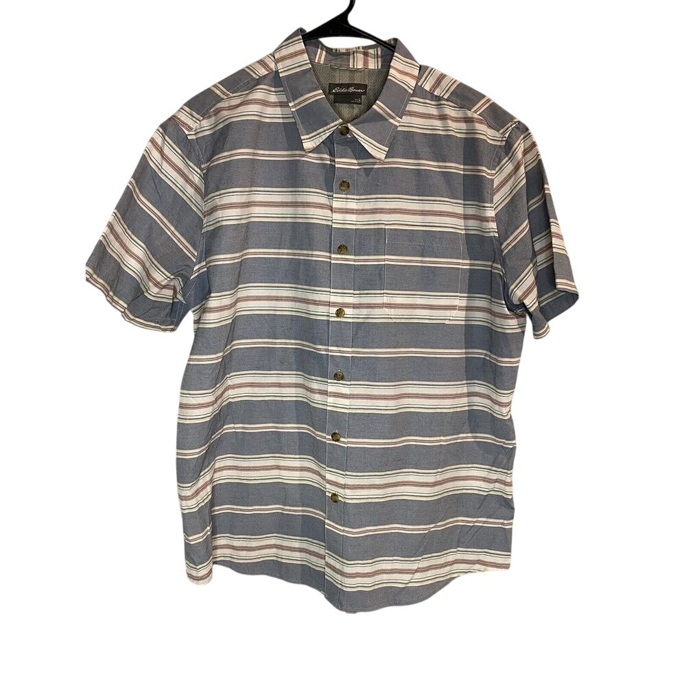 Eddie‎ Bauer Men's Button Up Shirt Size L Multicolor Striped Short Sleeve Preppy